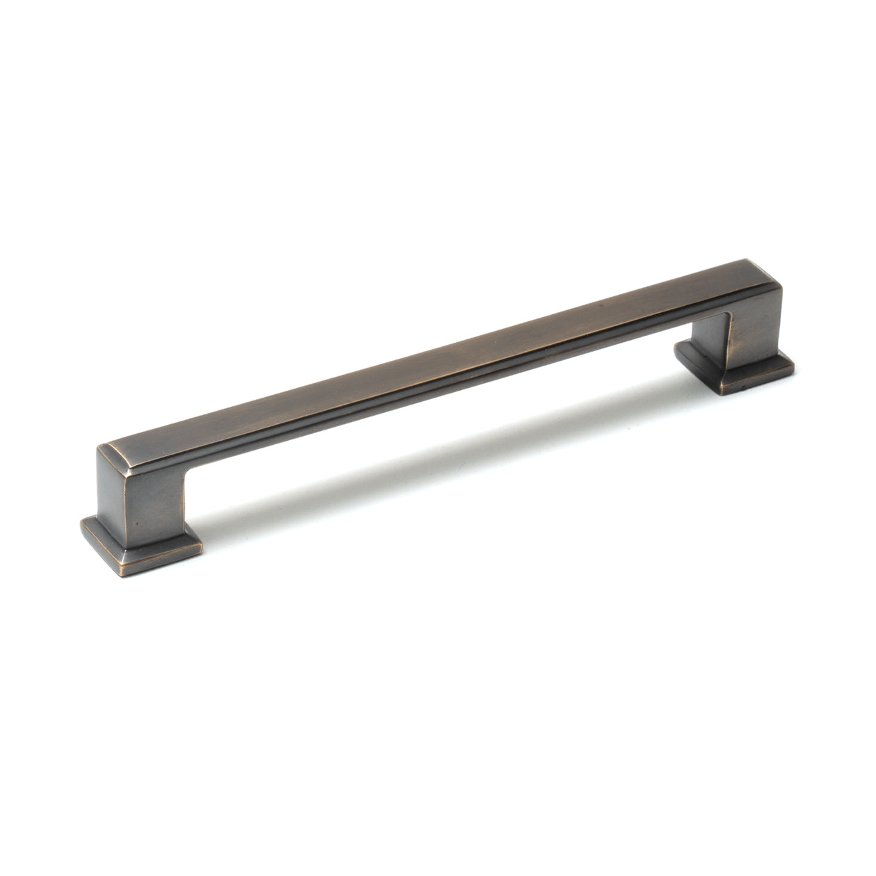 Momo LUCCA cabinet pull handle in antique brass finish, sleek metal design for kitchen or furniture drawers and cabinets.