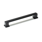 Momo LUCCA cabinet pull handle in matte black finish, shown on a wooden cabinet door. Durable and stylish hardware for furniture.