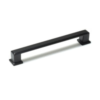 Momo LUCCA cabinet pull handle in matte black finish, shown on a wooden cabinet door. Durable and stylish hardware for furniture.