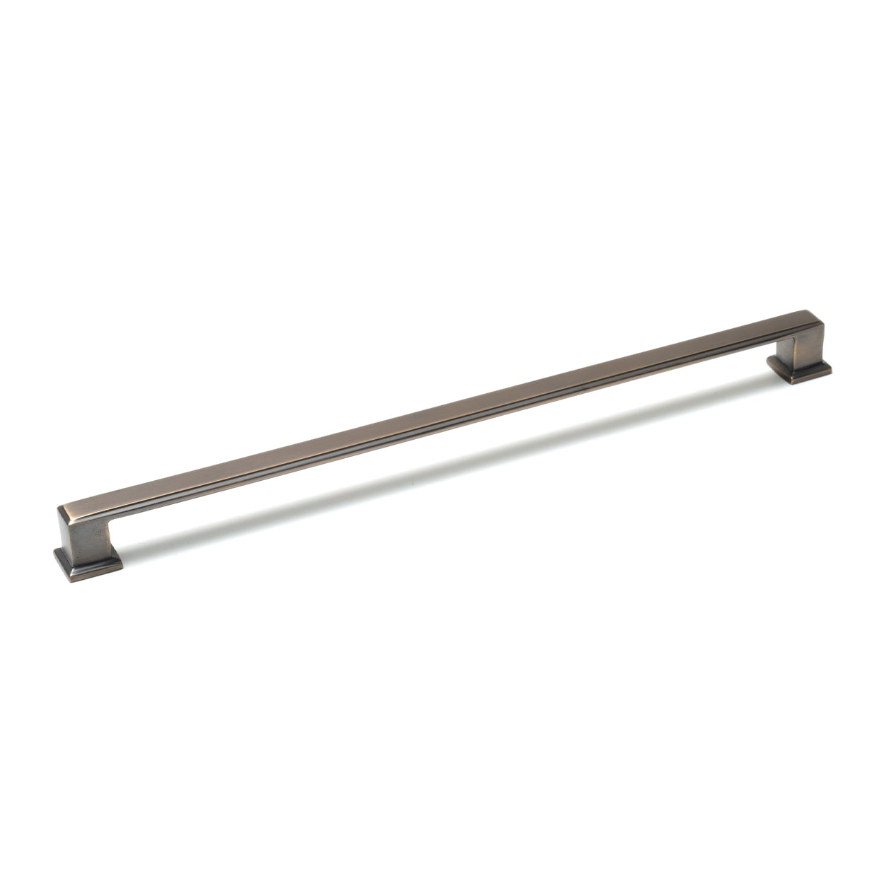 Momo LUCCA cabinet pull handle in antique brass finish, sleek metal design for kitchen or furniture cabinetry.