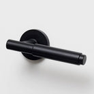 Lo & Co Lola Lever door handle in matte black finish, mounted on a wooden door with visible hardware and modern design details.