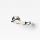 Lo & Co Linear Knurled Return Lever in brushed nickel, showing its sleek, textured metal handle design for cabinetry.
