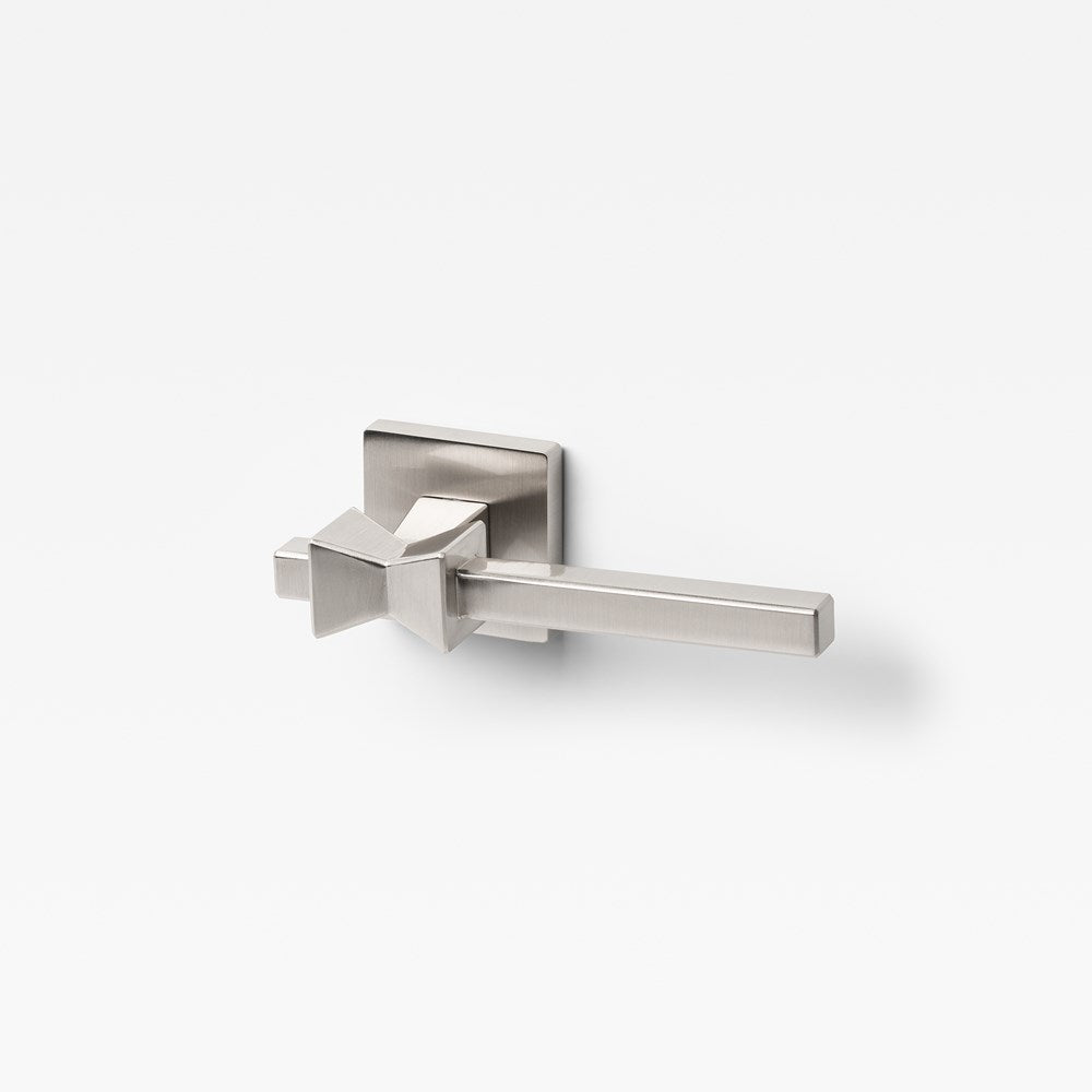 Lo & Co Forma Lever door handle in brushed nickel finish, featuring sleek modern design and ergonomic shape.