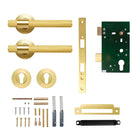 Momo Belgravia knurled lever handle in brushed brass finish, featuring textured grip and elegant design for door entry.