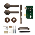 Momo Bellevue knurled lever handle in bronze finish, designed for door entry with textured grip and sleek modern style.