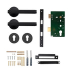 Momo BELLEVUE knurled lever handle in black finish, showcasing textured grip and sleek design for modern entry doors.