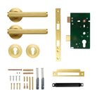 Momo Bellevue lined lever handle in brushed stainless steel, designed for modern door entry and security.