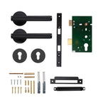 Momo Bellevue lined lever handle in black with satin finish, mounted on a door showing detailed handle design.