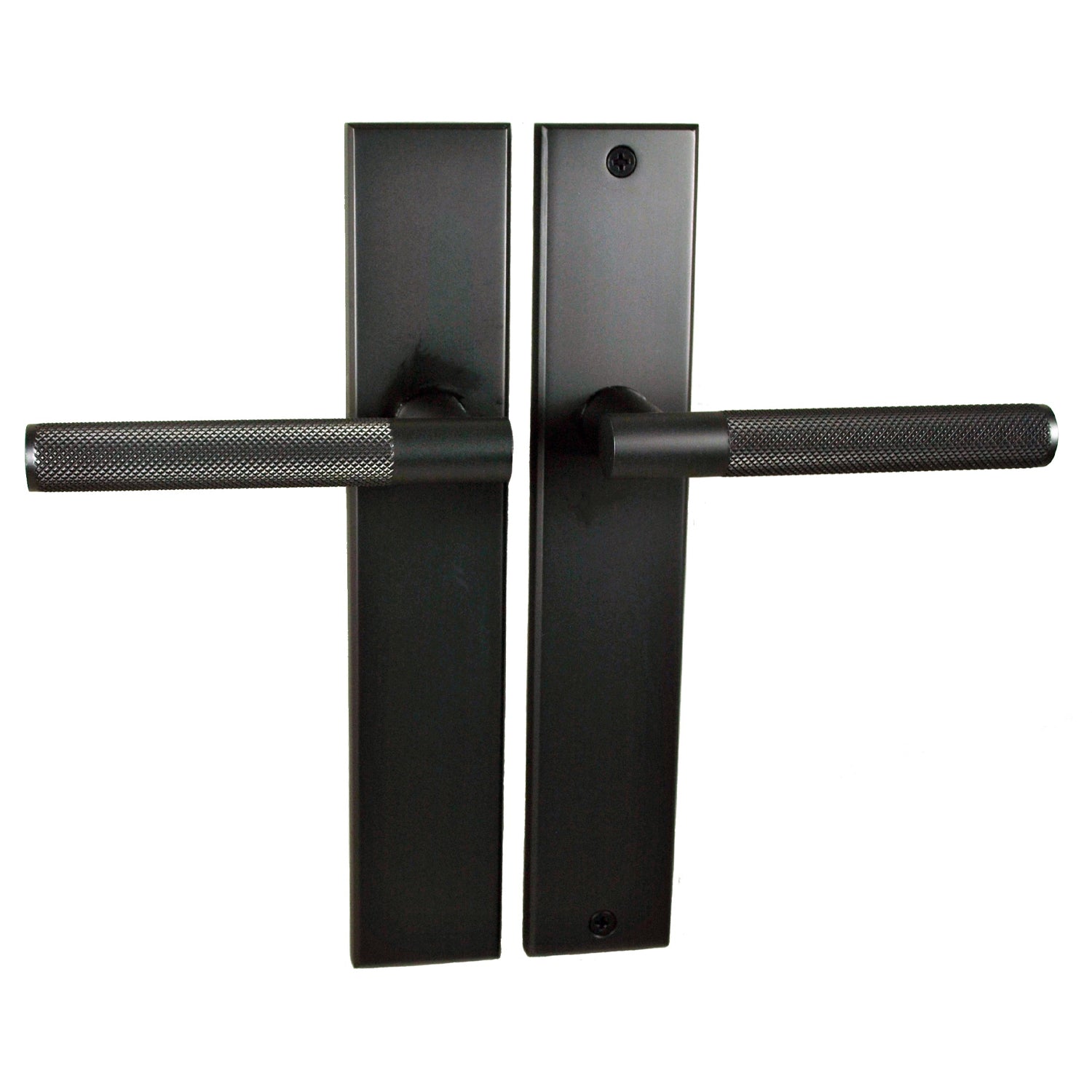 Nidus Domici knurled lever passage set with long backplate, featuring a stylish brass finish and textured handle for interior doors.