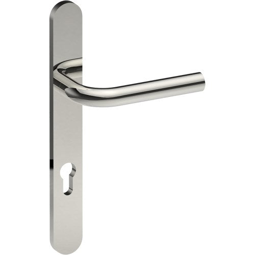 CAPRI Door Handle on B01 EXTERNAL European Standard Backplate with Cylinder Hole, Concealed Fixing (Half Set) 85mm CTC in Polished Stainless Steel