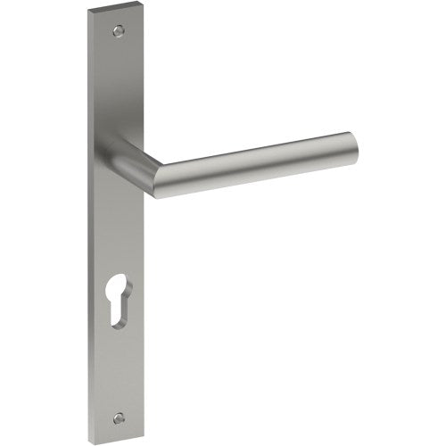 CETINA Door Handle on B02 INTERNAL European Standard Backplate with Cylinder Hole, Visible Fixing (Half Set) 85mm CTC in Satin Stainless