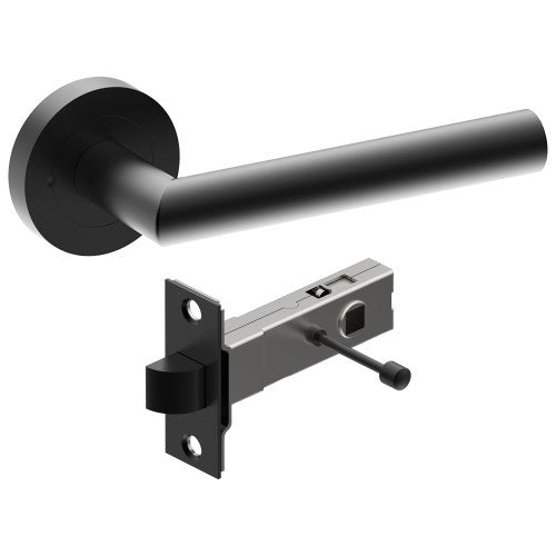 Black CETINA door handle by Style Finish Doorware mounted on a door, showcasing modern door hardware design.