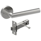 Stylish CETINA door handle by Style Finish Doorware mounted on a door with a sleek silver finish.