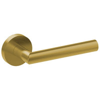 Brushed nickel CETINA door handle by Style Finish Doorware mounted on a door with a sleek, modern design.