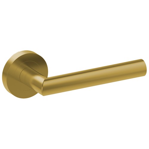 Brushed nickel CETINA door handle by Style Finish Doorware mounted on a door with a sleek, modern design.