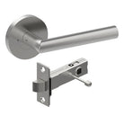 Satin stainless steel CETINA door handle by Style Finish Doorware mounted on a door with a modern lever design.