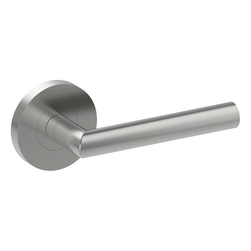 Sleek stainless steel CETINA door handle by Style Finish Doorware mounted on a door with a modern design.