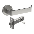 Stylish stainless steel Dijon door handle by Style Finish Doorware mounted on a door.