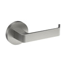Stainless steel Dijon door handle by Style Finish Doorware mounted on a wooden door with a sleek, modern design.