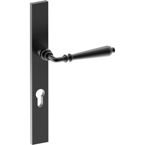 ELEGANTE Door Handle on B02 EXTERNAL European Standard Backplate with Cylinder Hole, Concealed Fixing (Half Set) 85mm CTC in Black Teflon