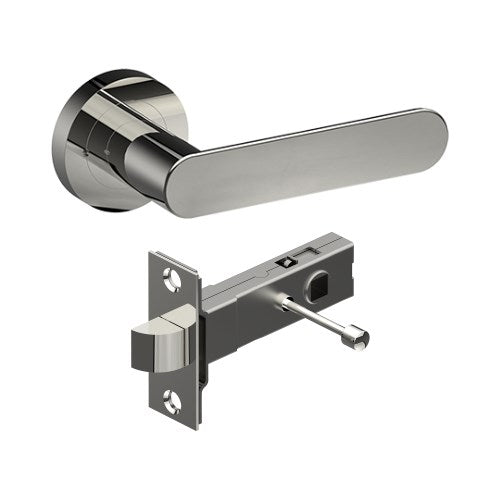 ROUBAIX Door Handles on Ø52mm Integrated Privacy Rose inc. Latch in Polished Stainless Steel