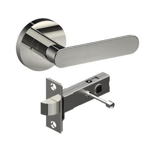 ROUBAIX Door Handles on Ø65mm Integrated Privacy Rose inc. Latch in Polished Stainless Steel