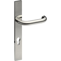 SAFETY Door Handle on B02 EXTERNAL European Standard Backplate with Cylinder Hole, Concealed Fixing (Half Set) 85mm CTC in Polished Stainless Steel