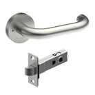 Safety door handle by Style Finish Doorware, shown in a sleek stainless steel finish, mounted on a door.