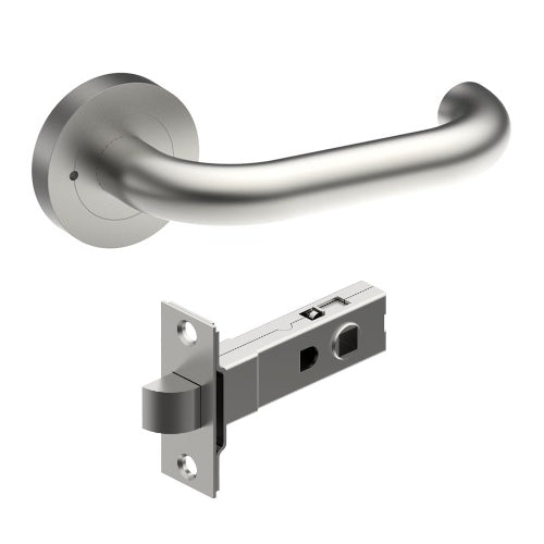 Safety door handle by Style Finish Doorware, shown in a sleek stainless steel finish, mounted on a door.