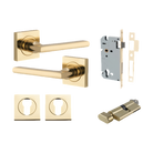 Door Lever Baltimore Square Rose Pair Polished Brass H52xW52xP55mm Entrance Kit, Mortice Lock Euro Polished Brass CTC85mm Backset 60mm, Euro Cylinder Key Thumb 6 Pin Polished Brass L70mm KA1, Escutcheon Euro Concealed Fix Square Pair Polished Bras… in Polished Brass