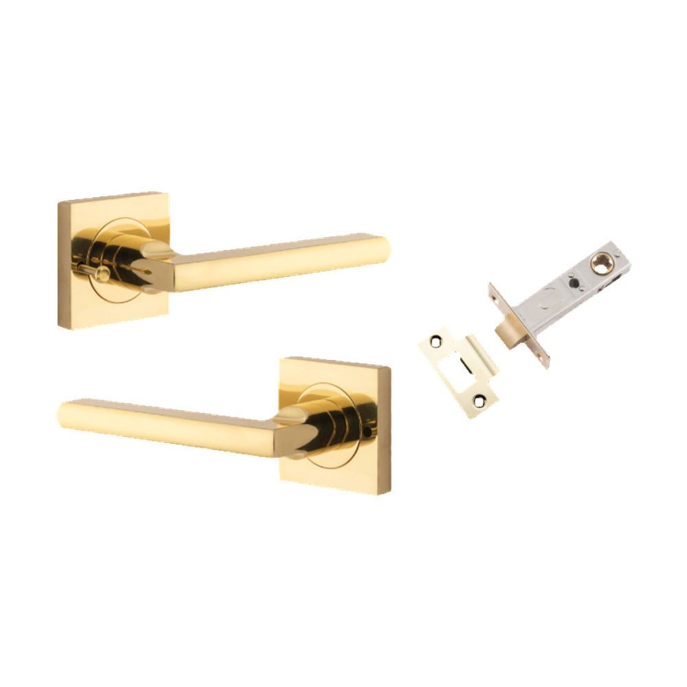 Door Lever Baltimore Square Rose Inbuilt Privacy Pair Polished Brass H52xW52xP55mm with Tube Latch Privacy with Faceplate & T Striker Backset 60mm in Polished Brass