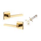 Door Lever Baltimore Square Rose Inbuilt Privacy Pair Polished Brass H52xW52xP55mm with Tube Latch Privacy with Faceplate & T Striker Backset 60mm in Polished Brass