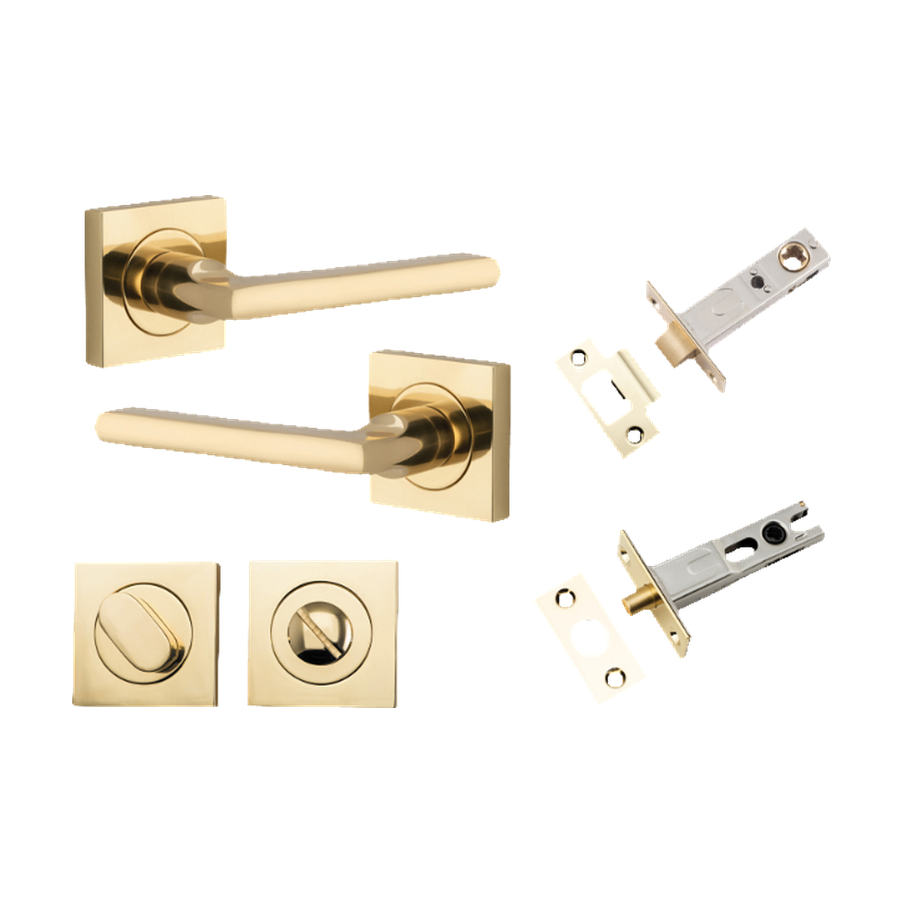 Door Lever Baltimore Square Rose Pair Polished Brass H52xW52xP55mm Privacy Kit, Tube Latch Split Cam 'T' Striker Polished Brass Backset 60mm, Privacy Bolt Round Bolt Polished Brass Backset 60mm, Privacy Turn Oval Concealed Fix Square Polished Bras… in Polished Brass