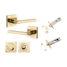 Door Lever Baltimore Square Rose Pair Polished Brass H52xW52xP55mm Privacy Kit, Tube Latch Split Cam 'T' Striker Polished Brass Backset 60mm, Privacy Bolt Round Bolt Polished Brass Backset 60mm, Privacy Turn Oval Concealed Fix Square Polished Bras… in Polished Brass