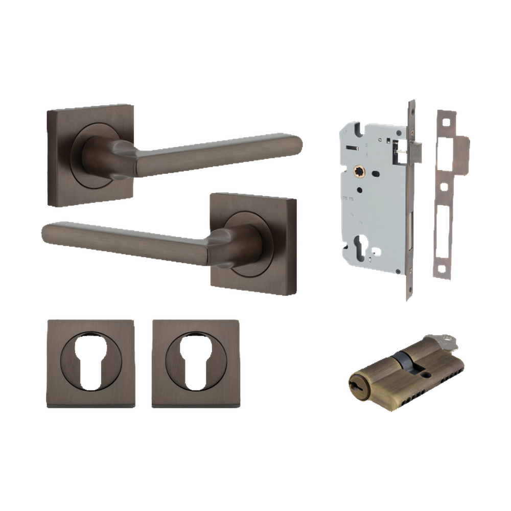 Door Lever Baltimore Square Rose Pair Signature Brass H52xW52xP55mm Entrance Kit, Mortice Lock Euro Signature Brass CTC85mm Backset 60mm, Euro Cylinder Dual Function 5 Pin Signature Brass L65mm KA1, Escutcheon Euro Concealed Fix Square Pair Signatu… in Signature Brass