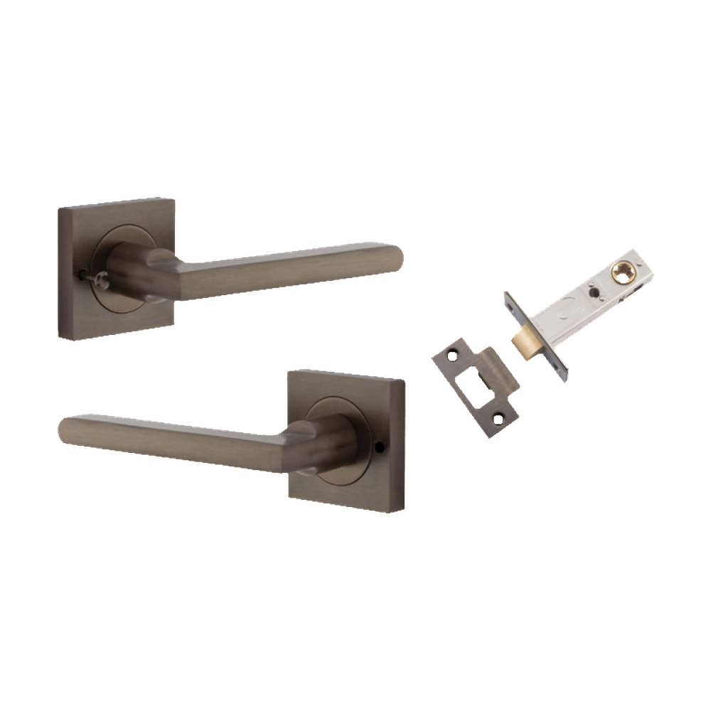 Door Lever Baltimore Square Rose Inbuilt Privacy Pair Signature Brass H52xW52xP55mm with Tube Latch Privacy with Faceplate & T Striker Backset 60mm in Signature Brass