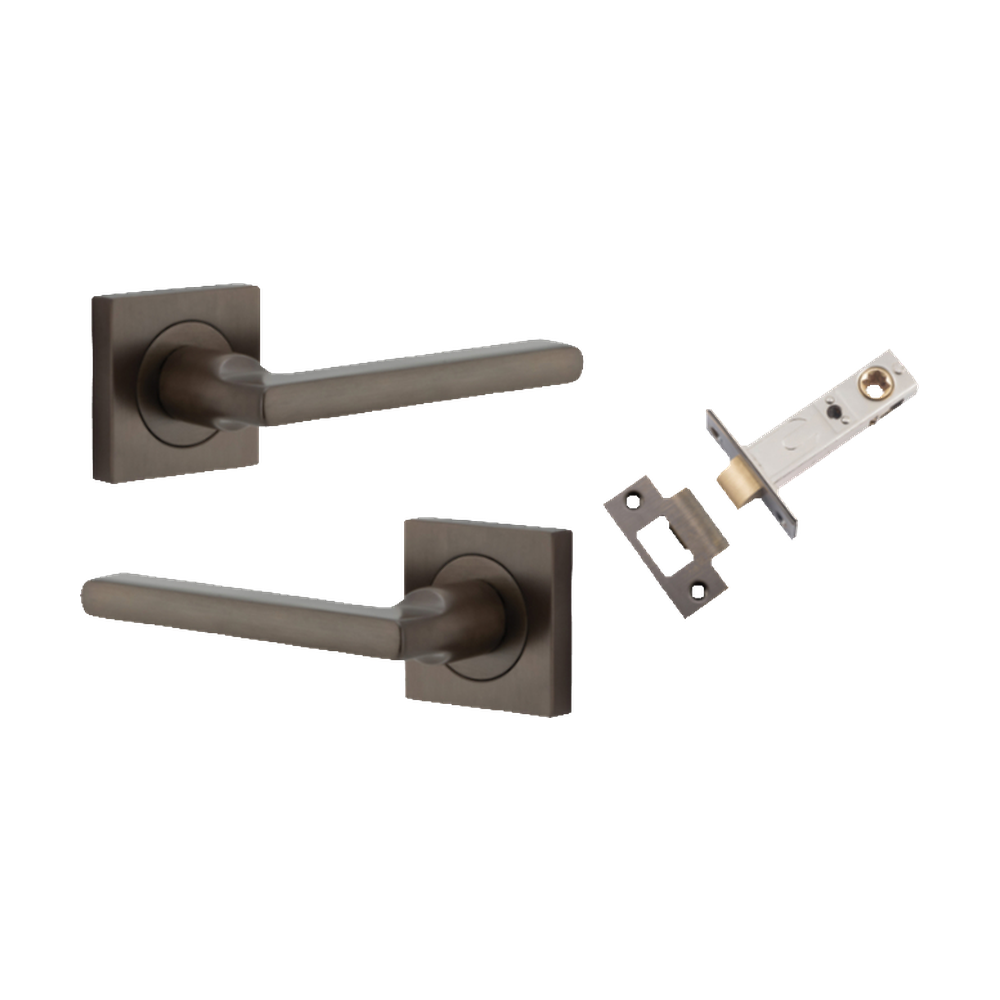Door Lever Baltimore Square Rose Pair Signature Brass H52xW52xP55mm Passage Kit, Tube Latch Split Cam 'T' Striker Signature Brass Backset 60mm in Signature Brass