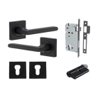 Door Lever Baltimore Square Rose Pair Matt Black H52xW52xP55mm Entrance Kit, Mortice Lock Euro Matt Black CTC85mm Backset 60mm, Euro Cylinder Dual Function 5 Pin Matt Black L65mm KA1, Escutcheon Euro Concealed Fix Square Pair Matt Black H52xW52xP10mm in Matt Black