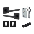Door Lever Baltimore Square Rose Pair Matt Black H52xW52xP55mm Entrance Kit, Mortice Lock Euro Matt Black CTC85mm Backset 60mm, Euro Cylinder Key Thumb 6 Pin Matt Black L70mm KA1, Escutcheon Euro Concealed Fix Square Pair Matt Black H52xW52xP10mm in Matt Black