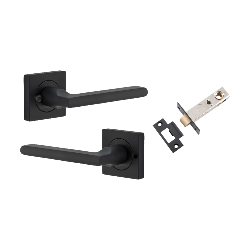 Door Lever Baltimore Square Rose Inbuilt Privacy Pair Matt Black H52xW52xP55mm with Tube Latch Privacy with Faceplate & T Striker Backset 60mm in Matt Black