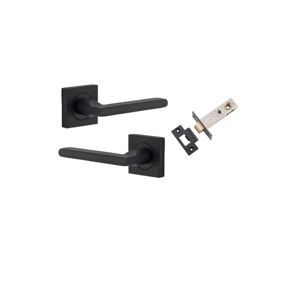 Pair of Iver Baltimore lever door handles on square rose, featuring a sleek, modern bronze finish and stylish square backplate.