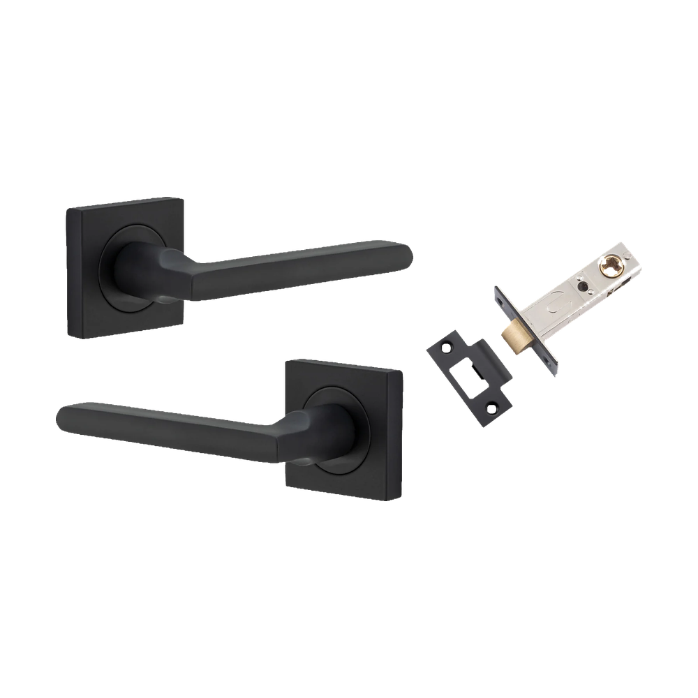 Door Lever Baltimore Square Rose Pair Matt Black H52xW52xP55mm Passage Kit, Tube Latch Split Cam 'T' Striker Matt Black Backset 60mm in Matt Black