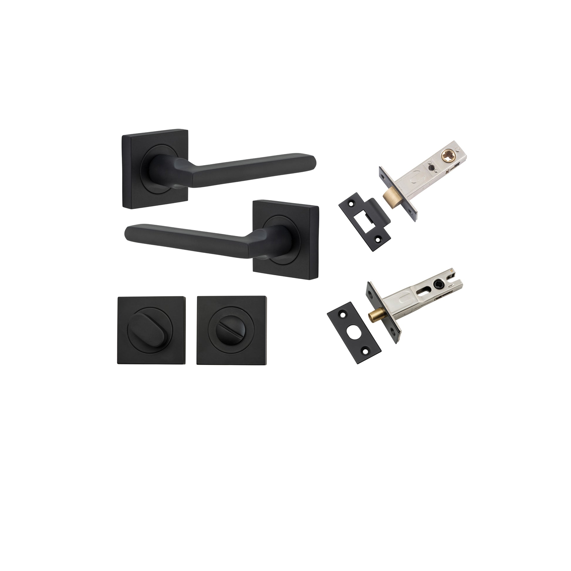 Door Lever Baltimore Square Rose Pair Matt Black H52xW52xP55mm Privacy Kit, Tube Latch Split Cam 'T' Striker Matt Black Backset 60mm, Privacy Bolt Round Bolt Matt Black Backset 60mm, Privacy Turn Oval Concealed Fix Square Matt Black H52xW52xP23mm in Matt