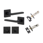 Door Lever Baltimore Square Rose Pair Matt Black H52xW52xP55mm Privacy Kit, Tube Latch Split Cam 'T' Striker Matt Black Backset 60mm, Privacy Bolt Round Bolt Matt Black Backset 60mm, Privacy Turn Oval Concealed Fix Square Matt Black H52xW52xP23mm in Matt Black
