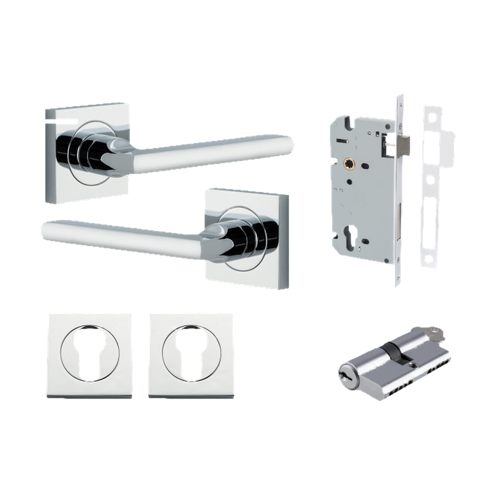 Door Lever Baltimore Square Rose Pair Polished Chrome H52xW52xP55mm Entrance Kit, Mortice Lock Euro Polished Chrome CTC85mm Backset 60mm, Euro Cylinder Dual Function 5 Pin Polished Chrome L65mm KA1, Escutcheon Euro Concealed Fix Square Pair Polish… in Polished Chrome