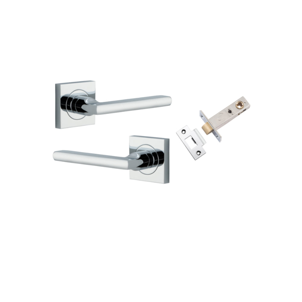 Pair of Iver Baltimore lever door handles on square rose, with a sleek, modern design in a polished finish.