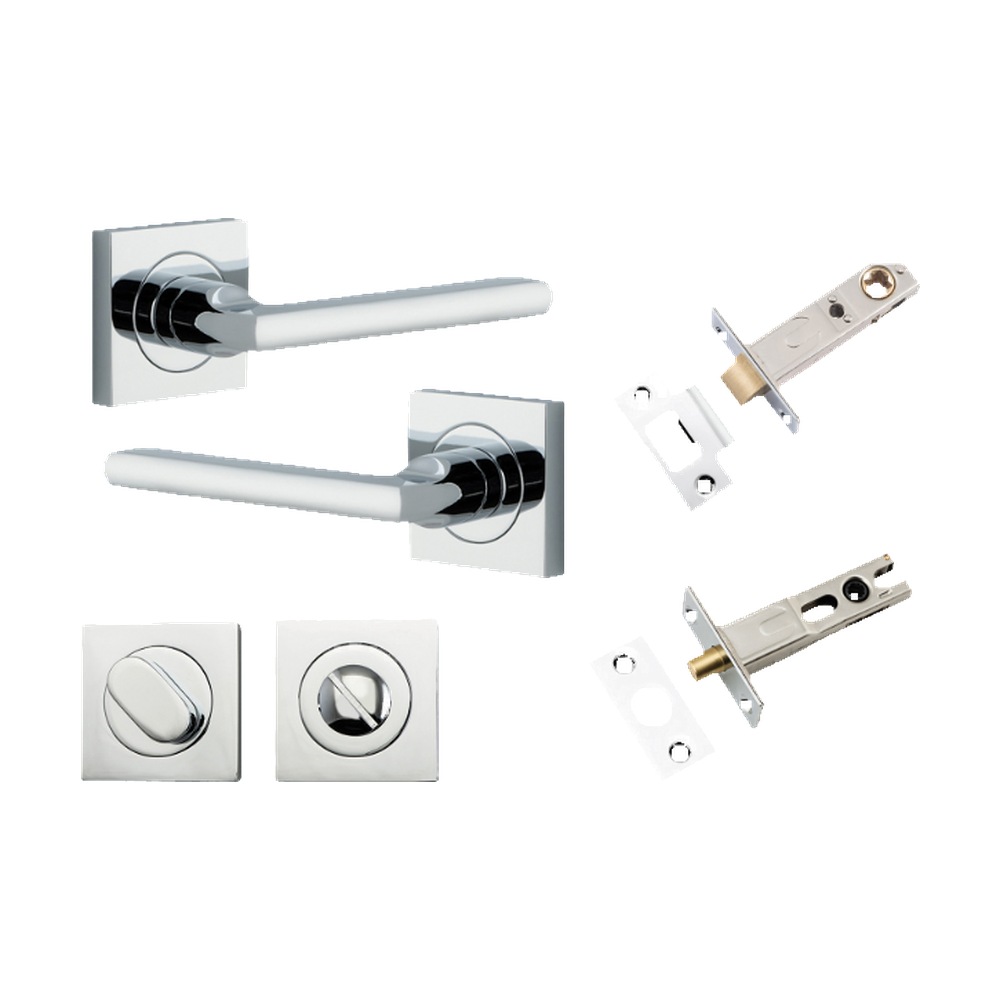 Door Lever Baltimore Square Rose Pair Polished Chrome H52xW52xP55mm Privacy Kit, Tube Latch Split Cam 'T' Striker Polished Chrome Backset 60mm, Privacy Bolt Round Bolt Polished Chrome Backset 60mm, Privacy Turn Oval Concealed Fix Square Polished C… in Polished Chrome