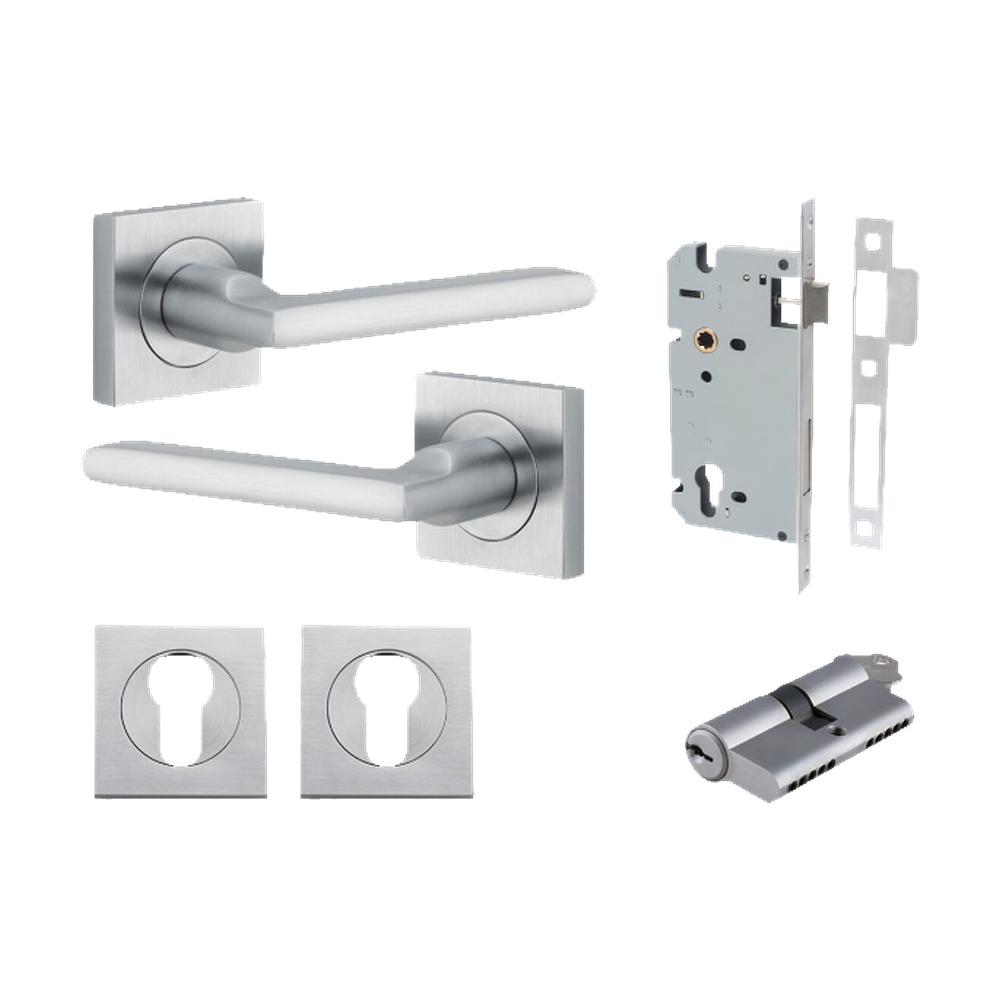 Door Lever Baltimore Square Rose Pair Brushed Chrome H52xW52xP55mm Entrance Kit, Mortice Lock Euro Brushed Chrome CTC85mm Backset 60mm, Euro Cylinder Dual Function 5 Pin Brushed Chrome L65mm KA1, Escutcheon Euro Concealed Fix Square Pair Brushed C… in Brushed Chrome