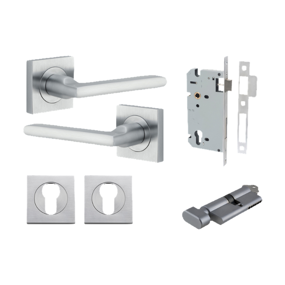 Door Lever Baltimore Square Rose Pair Brushed Chrome H52xW52xP55mm Entrance Kit, Mortice Lock Euro Brushed Chrome CTC85mm Backset 60mm, Euro Cylinder Key Thumb 6 Pin Brushed Chrome L70mm KA1, Escutcheon Euro Concealed Fix Square Pair Brushed Chrom… in Brushed Chrome