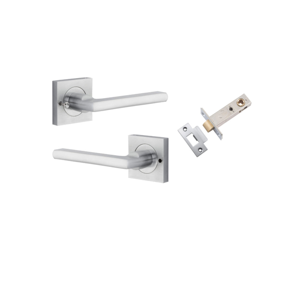 Pair of Iver Baltimore lever handles on square rose, featuring sleek black finish and modern design for interior doors.